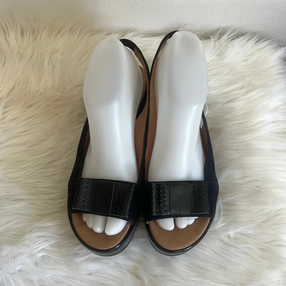Hobbs London Black Suede And Patent Leather Slingback Wedge Sandals Sz-8/38